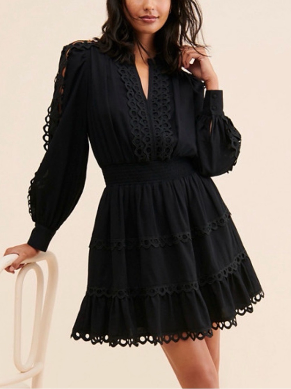 Endless Rose Black Lace Trim Boho Mini Dress Smocked Waist Size S
